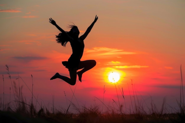 Photo a person leaping in midair with the sun setting behind possibly a moment of joy or celebration