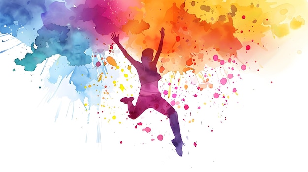 A person leaping with arms up is captured in a dynamic watercolor style with bright and colorful splashes creating a sense of joy and energy on a white background