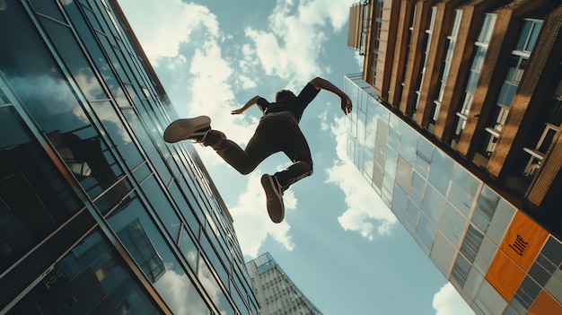 A person leaps between buildings in the city