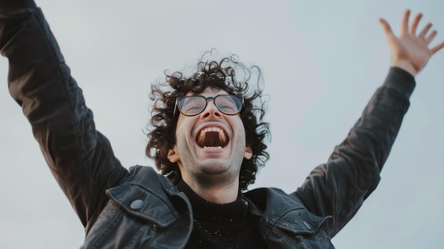 Photo a person in a leather jacket joyfully raises their arms against the sky captured in a moment of pure elation and freedom