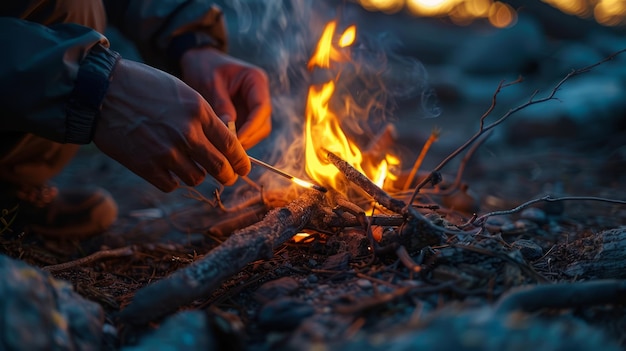 A person lighting a campfire with a match dry wood