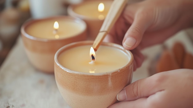 Photo a person lighting a handmade candle in a serene workshop setting during daylight surrounded by natural materials and warm ambiance