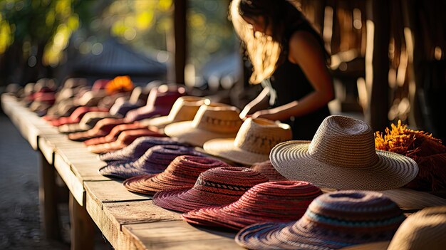 Photo person lining up handcrafted hats at an outdoor booth