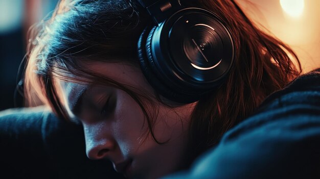 Photo person listening to vinyl on headphones