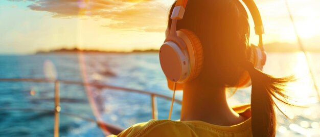 Photo a person listens to music with headphones while gazing at the horizon on a boat during a bright sunny day at sea