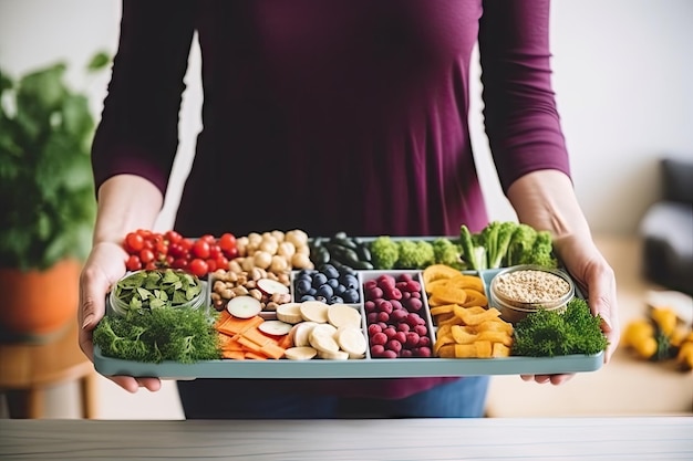 Person loading plate with variety of nutritious foods including supplements