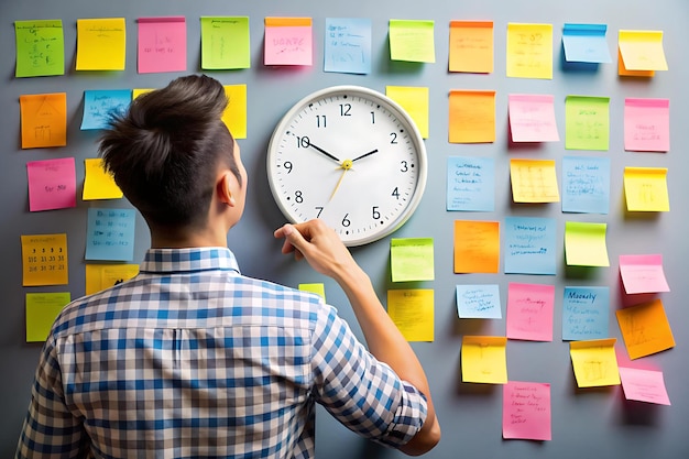 Photo a person looking at a clock confused about the time with postit notes reminding them of daily tasks