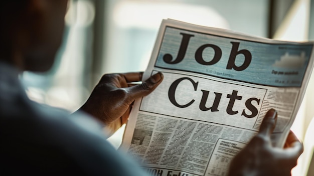 Photo person looking at a job cuts newspaper headline capturing the ongoing impact of layoffs on communities and individuals