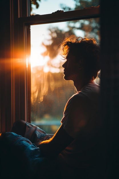 Person Looking Out of Window at the Sun