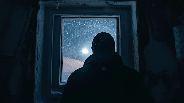 a person looking out a window with a moon in the background