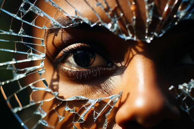 A person looking at their reflection in shattered glass symbolizing brokenness