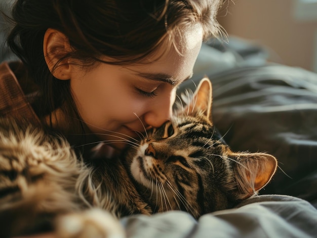 A person lying on a bed holding and petting a domesticated cat