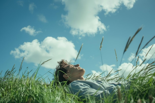 person lying on a grassy field