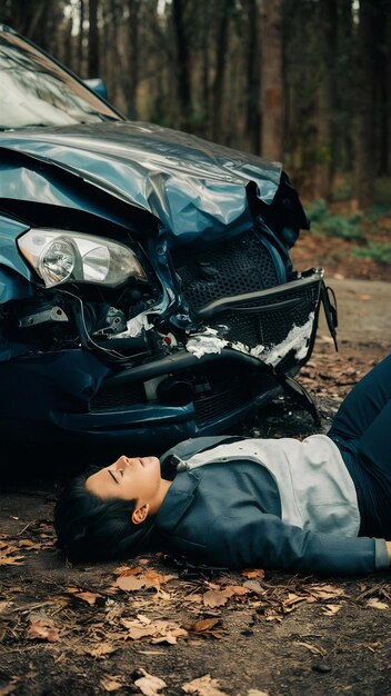 Photo person lying on the ground after a car accident