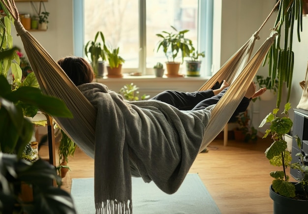 Photo person lying on a hammock in their living room wrapped in a blanket surrounded by plants enjoying the calm morning