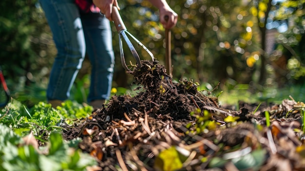 A person making compost in a backyard turning organic waste