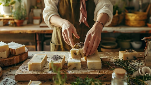 A person making handmade soap with natural ingredients molds