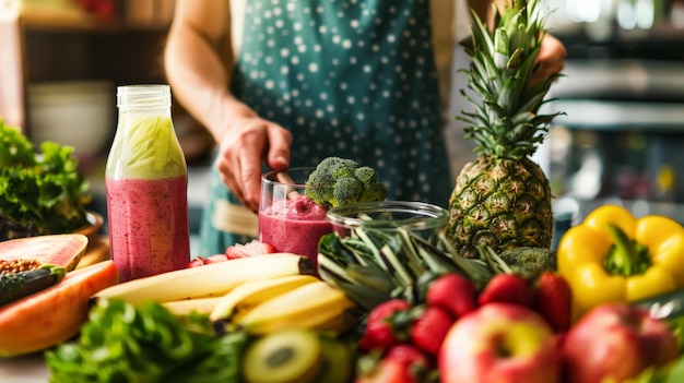 A person making a healthy smoothie with fresh fruits and vegetables focusing on wellness and nutrition