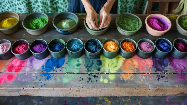 A person making natural dyes from plants pots of colorful dye