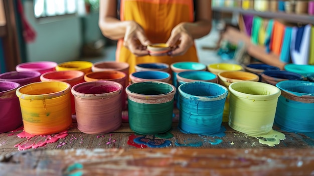 A person making natural dyes from plants pots of colorful dye