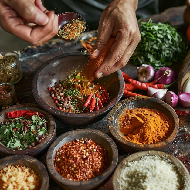 Photo a person making a traditional indian dish with fresh spices and vegetables