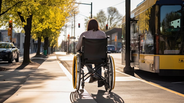 Person in a manual wheelchair waiting at a public transport stop highlighting urban accessibility and the integration of disabilityfriendly features in public transportation