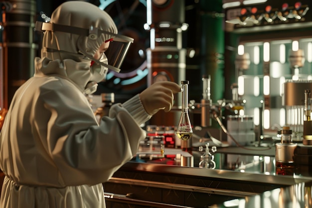 a person in a mask is doing a test in a lab