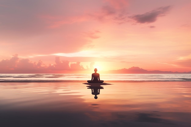 A person meditating on a body board in the ocean with the sun setting behind him.