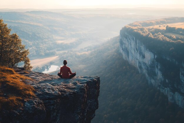 Photo person meditating on cliff edge overlooking vast valley in tranquil natural landscape