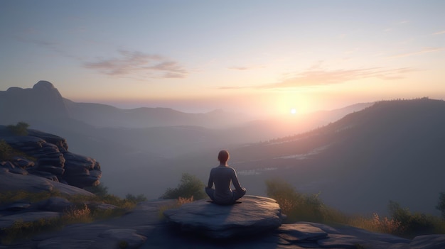 A person meditating on a cliff with the sun setting behind them