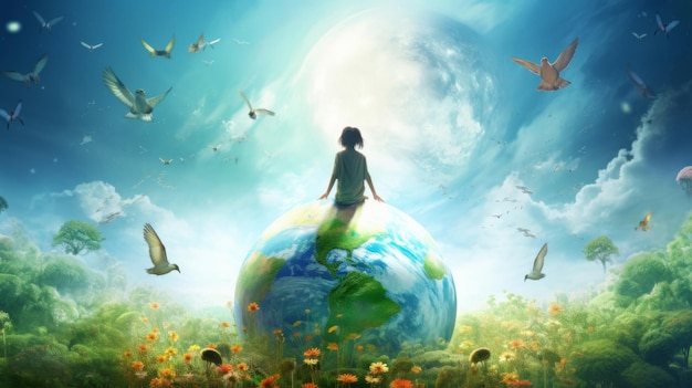 Person meditating on earth surrounded by flying birds ideal for themes of inner peace global harmony