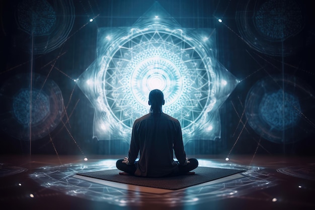 Person meditating on mandala and experiencing the peace and serenity of sacred geometry