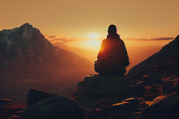 Person meditating on mountain top at sunsetgenerative ai