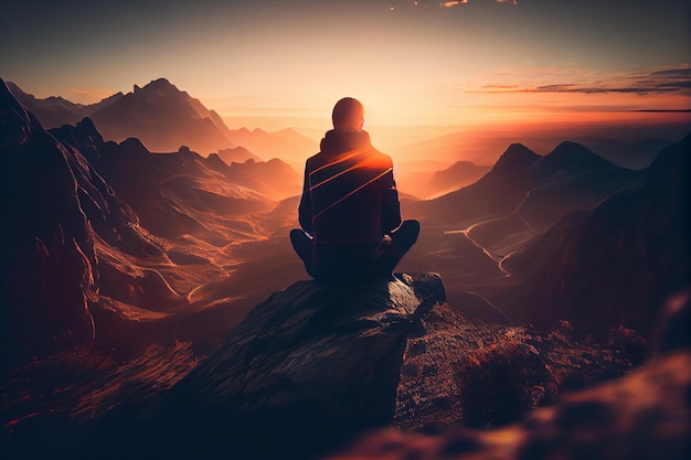 Person meditating on mountain top at sunsetgenerative ai