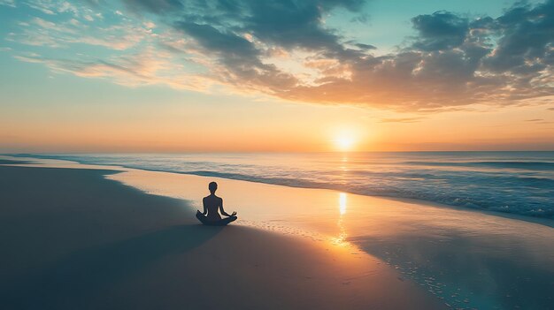 Photo a person meditating peacefully on a beach at sunrise with a calm ocean in the background