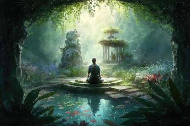 Person meditating in tranquil and peaceful garden with mind of god present