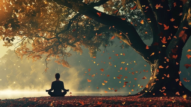 Person meditating under tree with falling autumn leaves