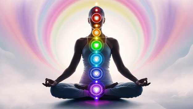 Photo person meditating with a vibrant colorful aura emanating from their energy centers