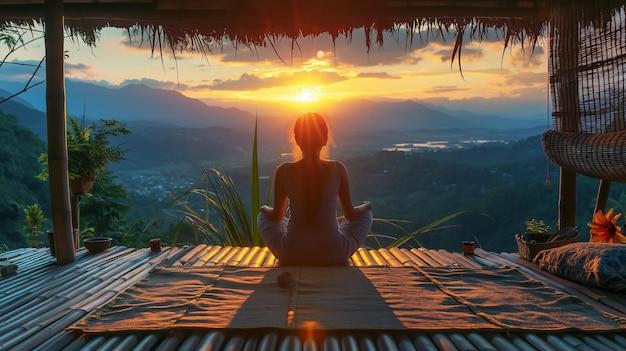 Person in a meditative pose at sunset with a scenic view on a bamboo background embodying tranquility Generative AI