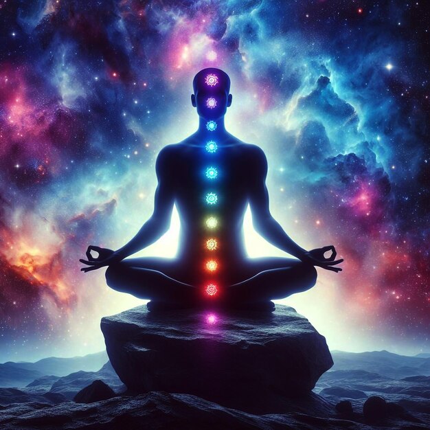 A person in a meditative pose with chakra points represented by colored dots against cosmic backdrop