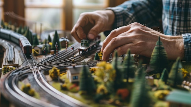 A person meticulously adjusting miniature train tracks on an elaborate model train setup capturing the essence of a detailed hobby