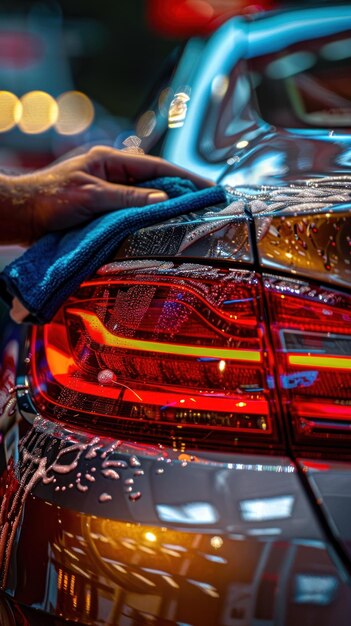 A person meticulously washes a car using a microfiber cloth focusing on removing dirt and grime