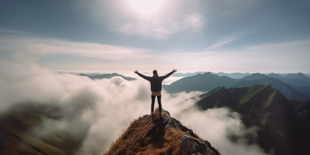 A person on a mountain top with their arms outstretched