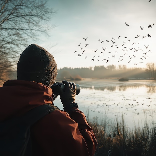 Photo a person observing birds with binoculars