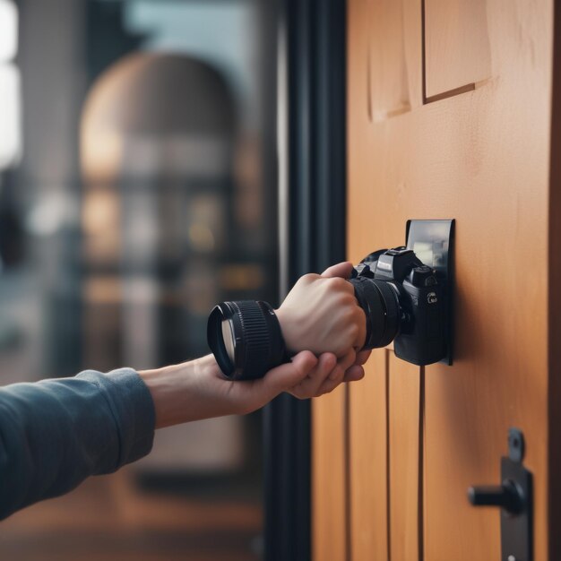 Photo a person opening a door with a black glove on their left hand