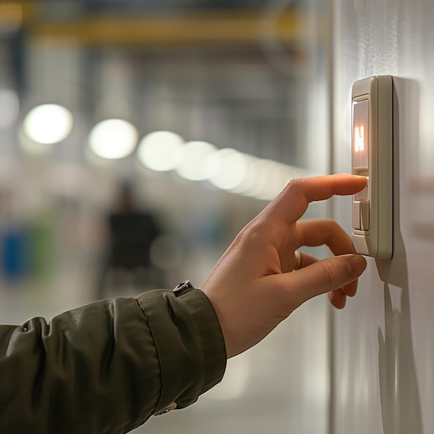 Photo a person opening a door with a light on it