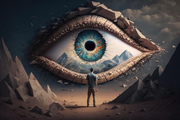 Person opening up the secrets of their soul to allseeing eye created with generative ai