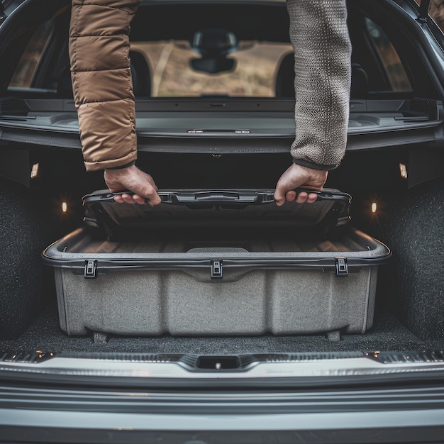 Photo a person opens a car trunk with a storage box inside