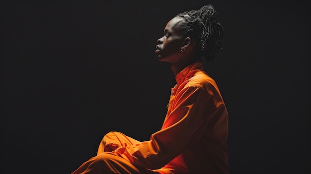 A person in an orange jumpsuit on a black background