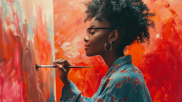 A person painting on a canvas against a soft peach background